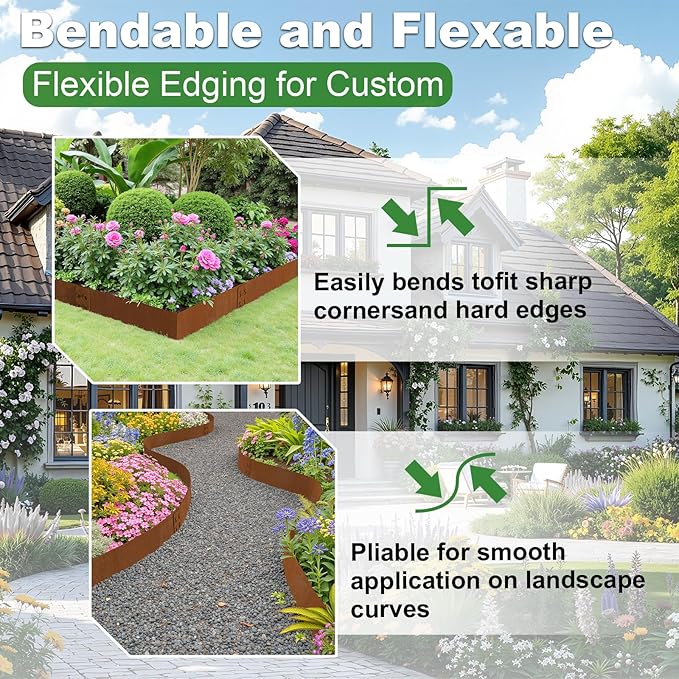 Heavy-Duty Cor-Ten Steel Landscape Edging (8" H x 40" L) - 6-Pack (20 Ft Total) | Pre-Rusted, Weatherproof Garden Border | Hammer-in, No Dig, Bendable Design for Lawns, Flower Beds & Trees