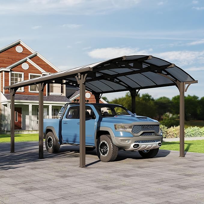 Heavy Duty Carport, 12x16ft Carport with Arch-Roof Polycarbonate Panel, Garage Car Shelter Outdoor Storage Shed for Cars, Boats and Trucks,Gray