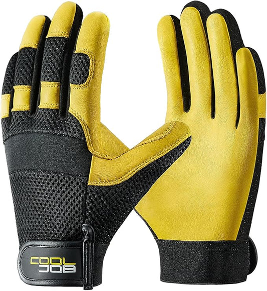 COOLJOB Breathable Mesh Cowhide Leather Work Gloves with Grip, Thorn Resistant Gloves for Gardening Pruning, 1 Pair, S-XL