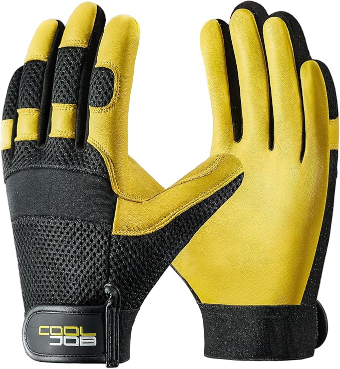 COOLJOB Breathable Mesh Cowhide Leather Work Gloves with Grip, Thorn Resistant Gloves for Gardening Pruning, 1 Pair, S-XL