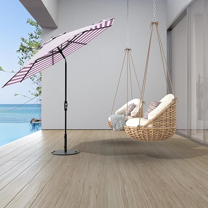 Midtown Umbrellas The Swilt 9 Feet Patio Umbrella in Terylast Midtown Stripes Purple/White Polyester Fabric - Fiberglass Ribs, Auto-Tilt Aluminum Frame For Backyard, Deck, Garden, Pool - White Pole