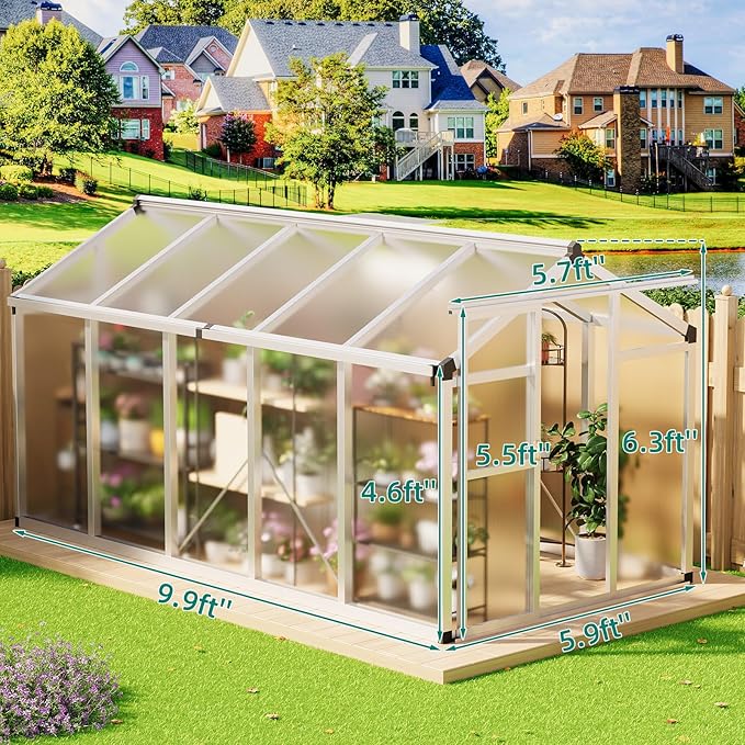 Garvee 6x10 FT Greenhouse - Aluminum Greenhouses for Outdoors, Large Polycarbonate Greenhouse with Roof Vent, Heavy Duty Walk-in Green Houses for Outside Garden, Backyard, Patio, Lawn, Easy Assembly