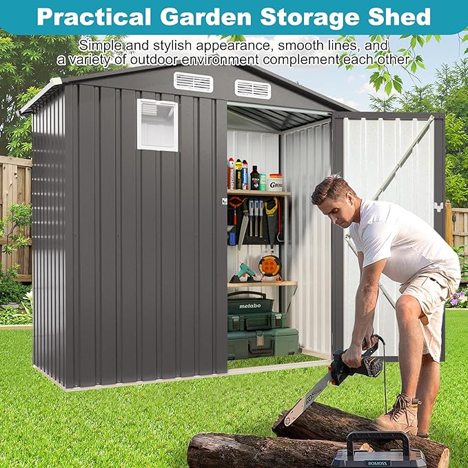 6x3.5 FT Outdoor Metal Storage Shed, Tool Shed with Peaked Roof and Lockable Door, Compact Garden Shed with Clear Window for Backyard Garden Patio Lawn, Gray