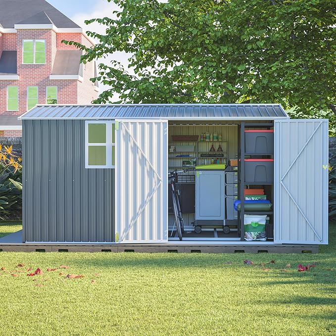 8x12FT Outdoor Storage Shed,XL Heavy-Duty Metal Shed W/Window & Floor Frame,Garden Tool House W/ 4 Air Vents,Dual Sliding Hinged Door & Sloped Roof,for Backyard,Patio,Lawn,Grey
