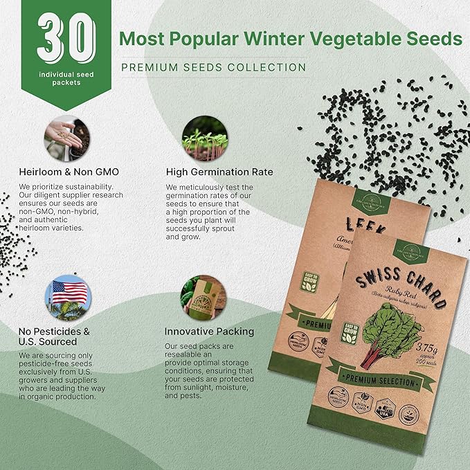 Organo Republic 30 Most Popular Winter Vegetable Garden Seeds Variety Pack- Outdoors/Indoor 33,200+ Non-GMO Heirloom Veggie Seeds Broccoli Beet Carrot Cabbage Chives Lettuce Radish Pea Spinach & More