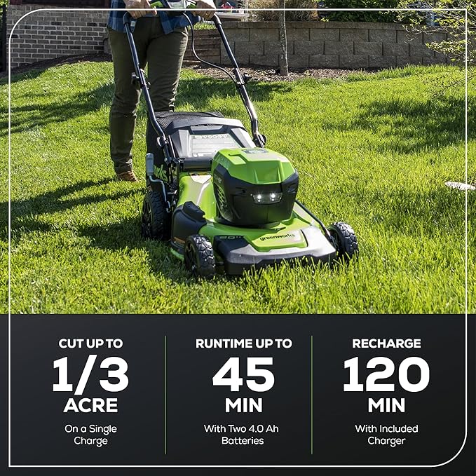 Greenworks 48V (2 x 24V) 20" Brushless Cordless (Push) Lawn Mower (LED Headlight), (2) 4.0Ah Batteries and Dual Port Rapid Charger Included (125+ Compatible Tools)