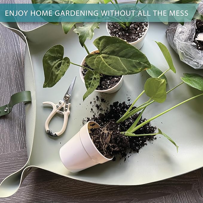 Vegan Leather Plant Repotting Mat Transplanting Mat for Indoor Gardening Waterproof Tray Mess Control Easy Clean Easy Storage 30” x 20” (Forest Sage)