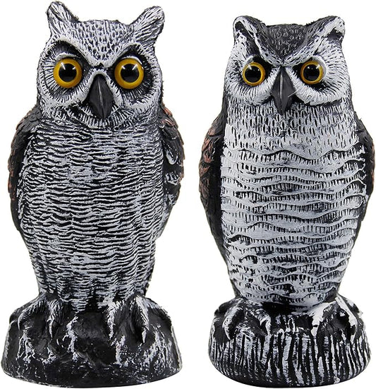 Hausse 2 Pack Fake Horned Owl Bird Scarecrow Decoy 10.5 Inch Height, Plastic Deterrents, Halloween Decoration, Nature Enemy Pest Repellent for Outdoor Garden Yard