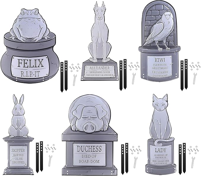 3-D Metal Halloween Pet Cemetery 17" Tombstones - Full Set of 6 w Stakes -Durable, Rustproof, UV Raised Printing- Upgrade Your Haunted House Mansion Cemetary Lawn Decor- No More Flimsy Foam Graveyards