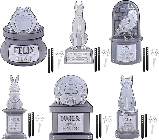 3-D Metal Halloween Pet Cemetery 17" Tombstones - Full Set of 6 w Stakes -Durable, Rustproof, UV Raised Printing- Upgrade Your Haunted House Mansion Cemetary Lawn Decor- No More Flimsy Foam Graveyards