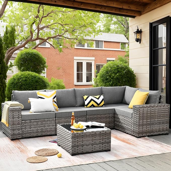 ovios 6 Pieces Patio Furniture Set, Outdoor Wicker Sectional Sofa with Glass Table Comfy Cushions, Modern Modular Deep Seat Couch Rattan Conversation Set, Dark Grey