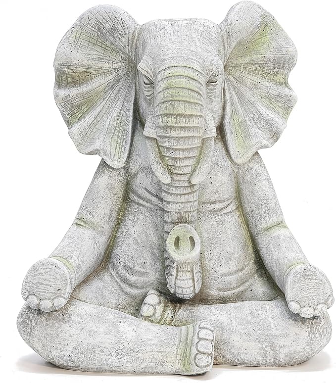 LuxenHome Elephant Garden Statue,16.34'' Gray MgO Meditating Elephant Statue Unique Lucky Elephant Decor Zen Sculptures for Garden Patio Home & Office Decor Housewarming Gift