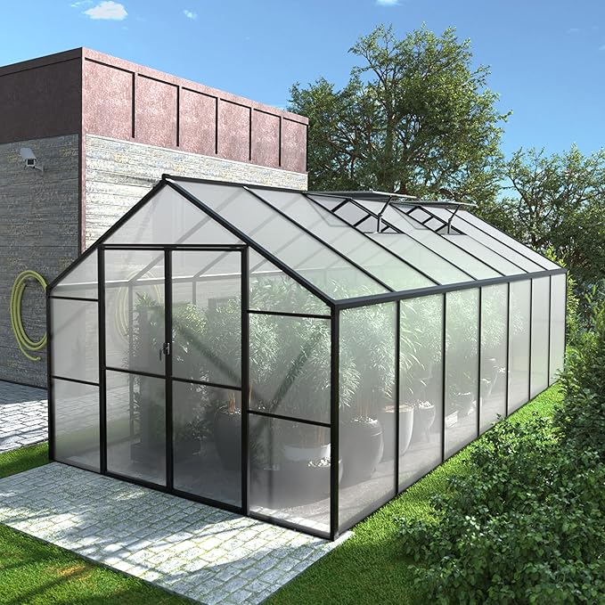 BlueWish 8x14FT Greenhouse for Outdoors, Aluminum Greenhouses with Adjustable Vents,Lockable Door, Heavy Duty Greenhouse Kit with Polycarbonate, Walk-in Green House for Garden, Gray