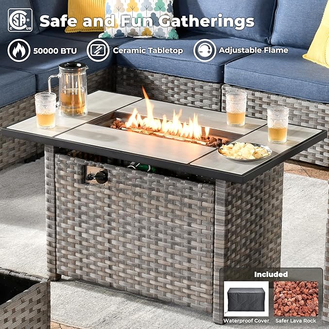 ovios 13 Pieces Patio Furniture Set, Outdoor Wicker Sectional Sofa with 42 Inch Fire Pit Table Comfy Cushions, Modern Modular Deep Seat Rattan Couch Conversation Set, Denim Blue