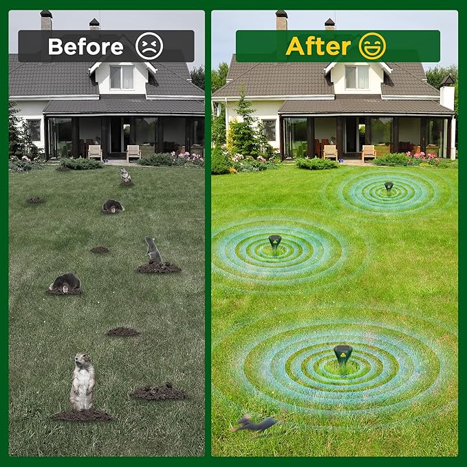 Mole Repellent Solar Powered 8 Pack, Snake Vole Repellent Outdoor, IP65 Waterproof Snake Deterrent Gopher, Waterproof Sonic Mole Spikes for Lawn and Garden, Get Rid of Moles, Groundhogs, and Rodents