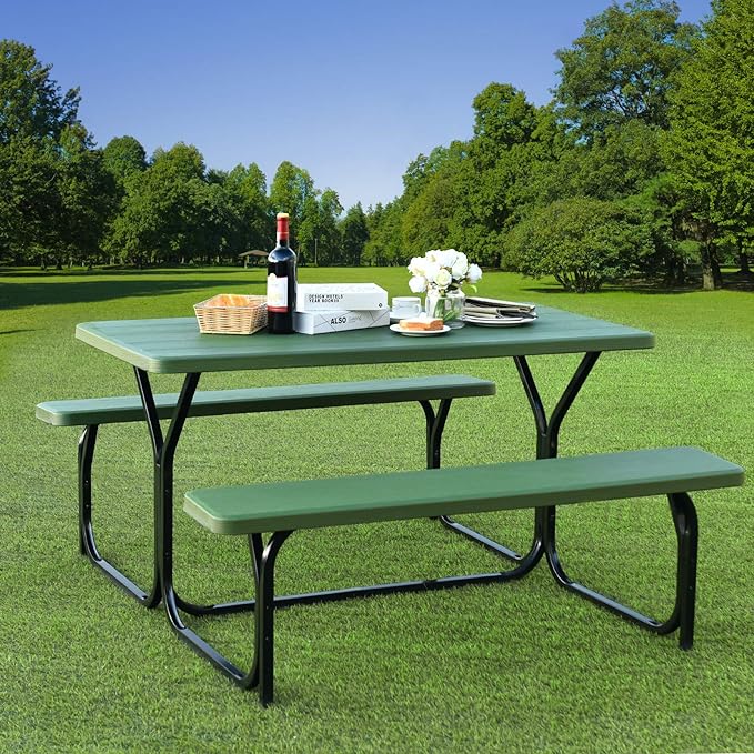 Giantex Picnic Table Bench Set Outdoor Camping All Weather Metal Base Yard Pool Dining Party Garden Patio Lawn Deck Large Camping Table (Green)