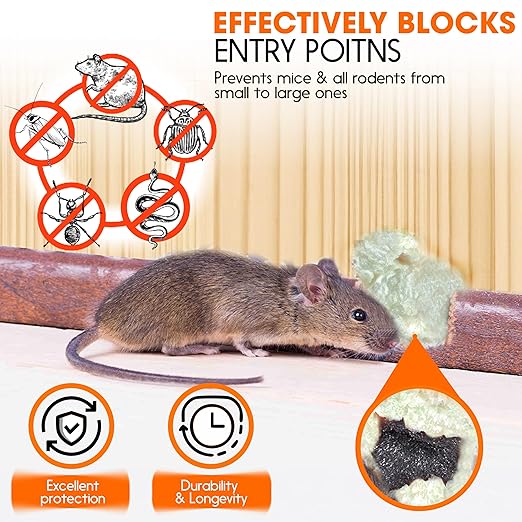 [Upgraded] Rodent Barrier Kit, 3Pcs Steel Wool Included 3Pcs PU Spray Foam for Mice Control, 3.2"x7.5’ Rodent Control Fill Fabric, Gloves, Scissors, Gap Blocker in Hole Pipeline Vent in House, Garage