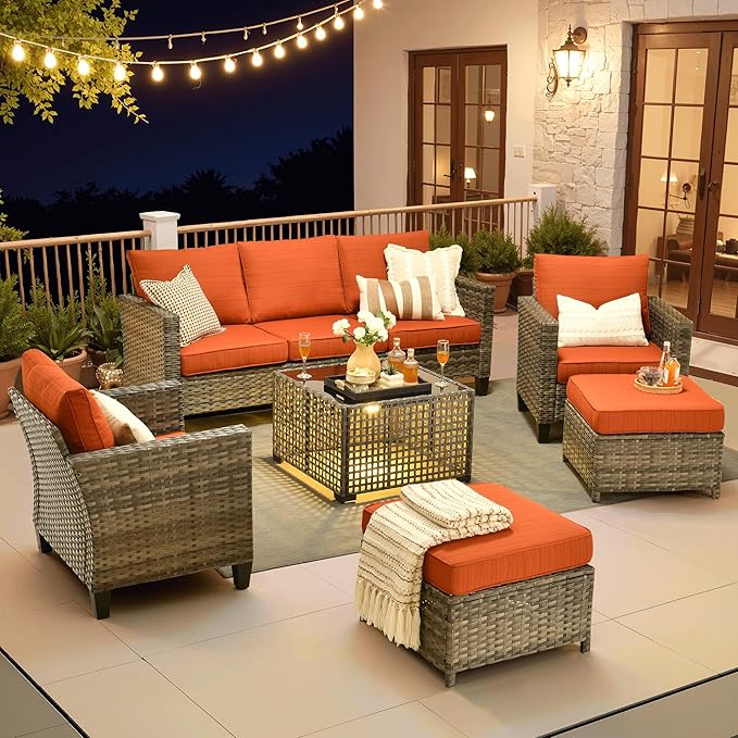 ovios 6 Pieces Patio Furniture Set Outdoor Sofa Couch with Solar Lights Table Comfy Cushions, Modern Deep Seat Wicker Rattan Conversation Set for Porch Deck, Orange Red