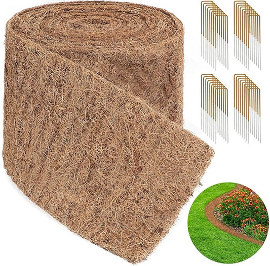 Natural Mulch Roll for Landscaping 240" X 6.3" Coconut Fiber Liner Mulch Mat with 32 U-Shaped Steel Stakes, Thick Mulch Roll for Garden Edging Border, Coconut Liners for Planters, Vegetables & Flowers