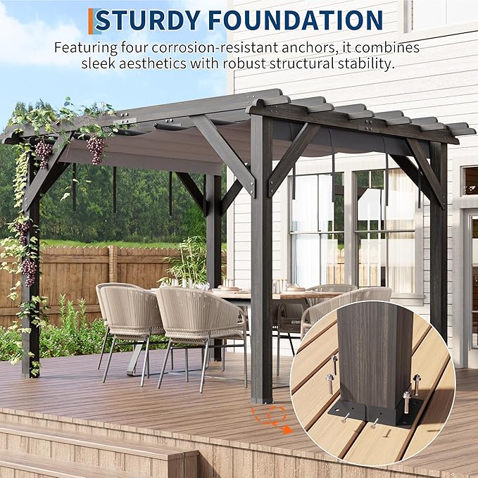 10x12 Ft Outdoor Wood Pergola with Retractable Roof & Mounting Kit Wooden Gazebo, Premium Support Structure, Wind and Snow Supported, Modern Outdoor Pergola for Porch, Grapevine and Deck
