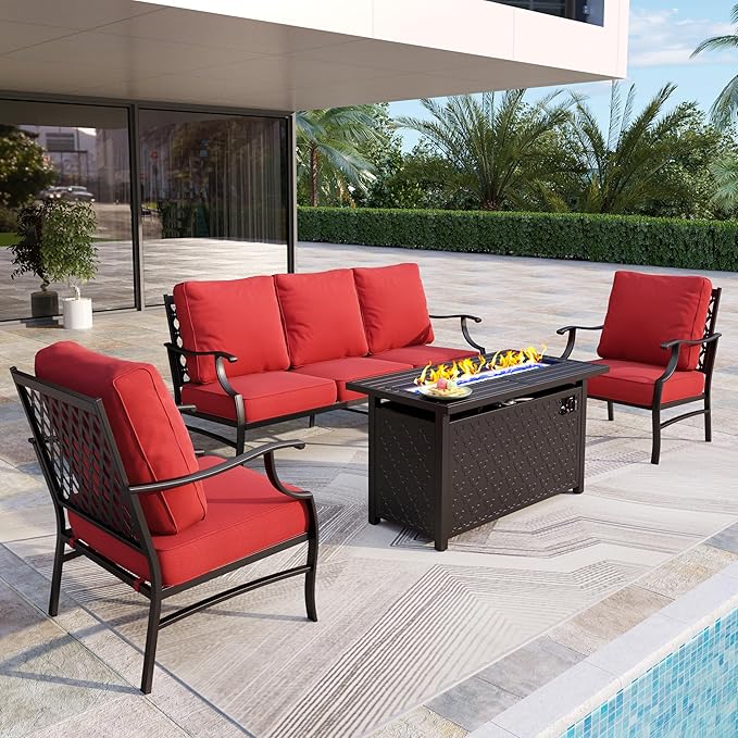 Patio Furniture Set, 4 Pcs Metal Outdoor Conversation Set, 2 Single Chairs and 3 Seater Sofa with 5.75" Extra Thick Cushion and Gas Fire Pit Table for Backyard Deck, Red
