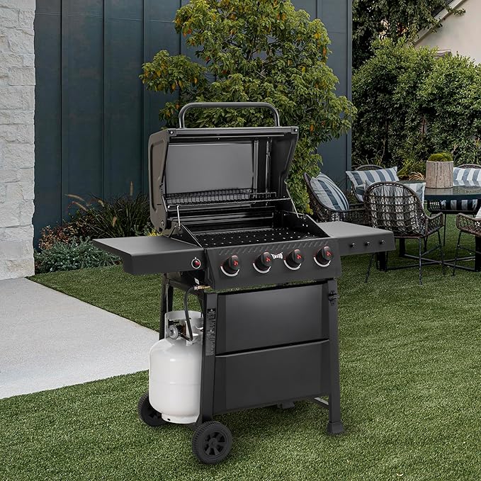 4 Burner Gas Grill, 36,000 BTU Outdoor BBQ Grill with Side Table for Outdoor Cooking & Backyard Barbecue, Premium Enameled Coated Chamber Body with Porcelain-Enameled Grates, Black