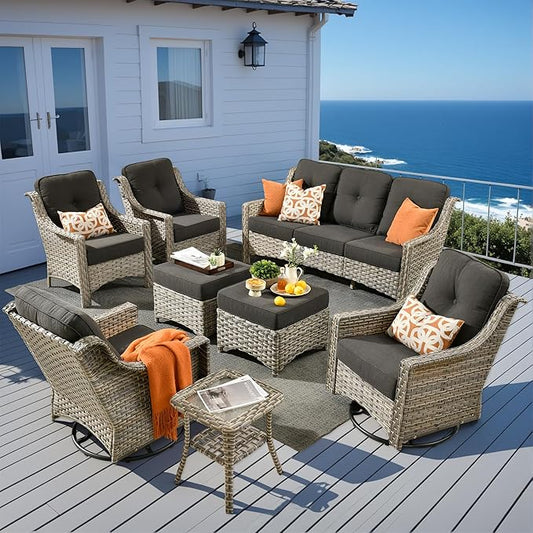 8 Pieces Patio Outdoor Furniture Set with Swivel Rocking Chairs,All Weather Wicker Rattan Patio Seating Sofa and Chair Set w/Ottoman,Outdoor Conversation Sets for Deck Yard Garden,Black
