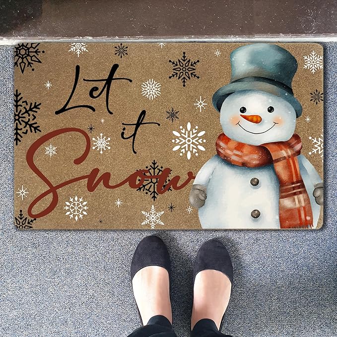 Let It Snow Christmas Faux Coir Door Mats Outdoor, Christmas Holiday Door Mat for Home Outside Entryway, Xmas Snowman Snowflake Welcome Doormat for Indoor Outdoor Porch Entrance, 17x30 Inch