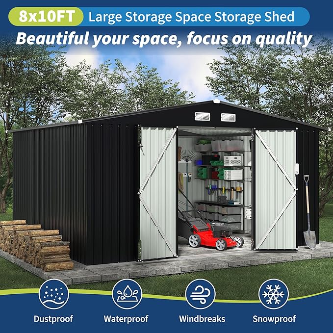 8x10 FT Metal Storage Sheds Outdoor with Floor, Metal ToolShed with Lockable Door, Metals Yard Sheds Metals Garden Shed Kit, MetalUtility Sheds Buildings with Air Vent for Backyard Garden Patio Lawn