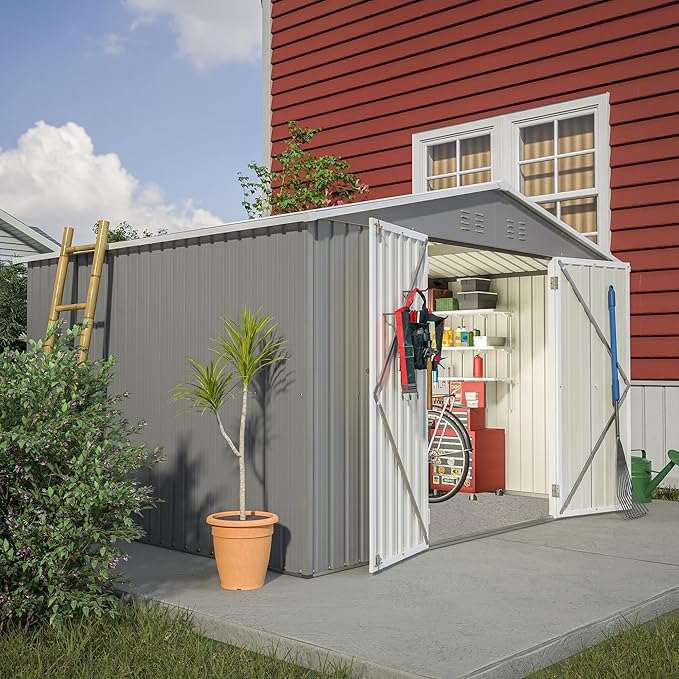 10X8 FT Outdoor Storage Shed, All Weather Metal Sheds with Lockable Doors, Tool Shed for Garden, Patio, Backyard, Lawn (Grey, 10x8ft)