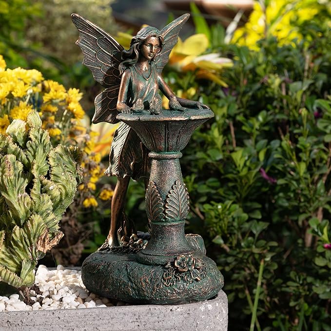 TERESA'S COLLECTIONS Fairy Garden Statues with Solar Outdoor Light for Outdoor Decor, Bronze Fairy Resin Garden Sculptures & Statues Decor, Yard Art for Lawn Housewarming Gifts for Mom 9.4"