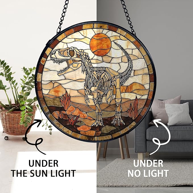 TNUW Dinosaur Skeleton Stained Glass Window Hanging, Prehistoric Dino Fossil Sunset Landscape SunCatchers Indoor Window Glass Round Wall Art Decor, Dinosaur Wall Hanging Decorations, 7.9＂x7.9＂