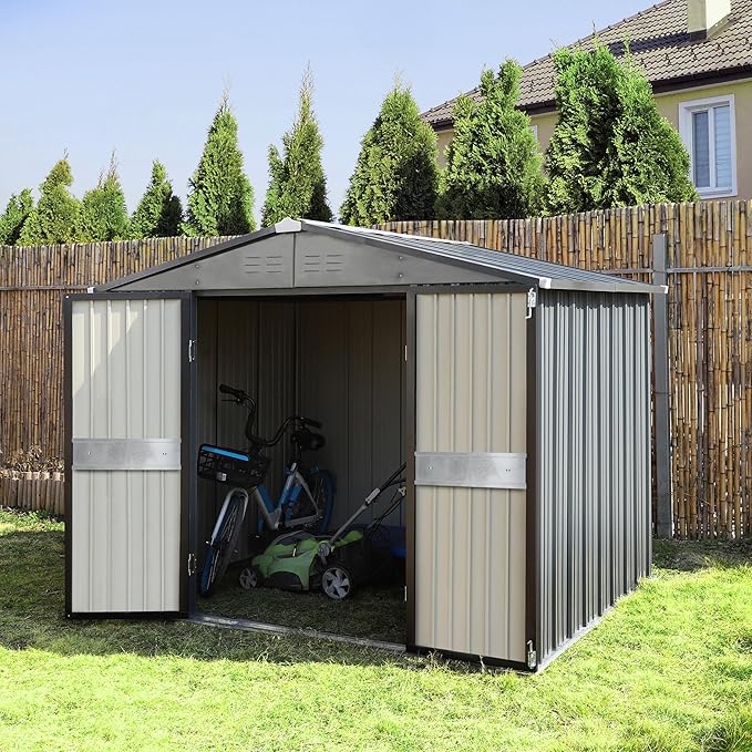 MUPATER 8x12 FT Outdoor Metal Storage Shed, Waterproof Garden Tool Shed Kit with Lockable Doors, Garden Furniture Tools Storage Shed House with Vents for Backyard, Patio, Grey