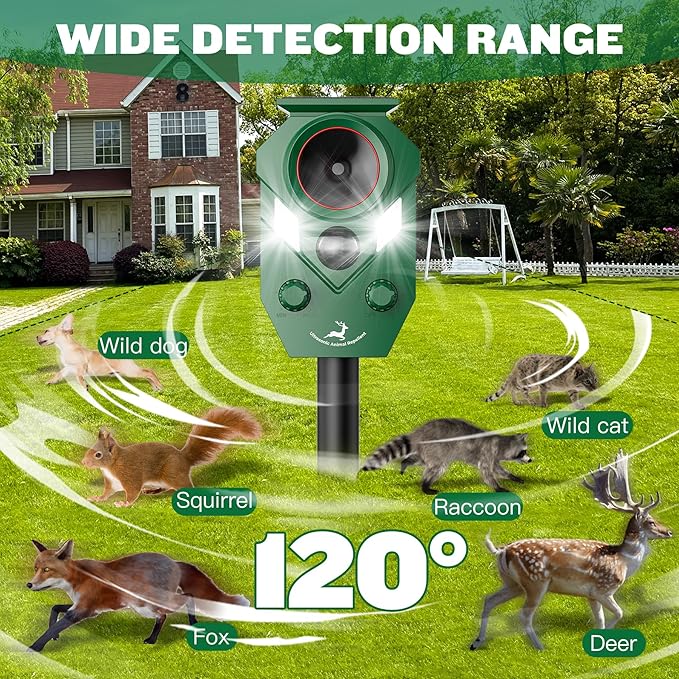 4 Pack of X-PEST Solar-Powered Ultrasonic Animal Repellent for Outdoor Yard, Waterproof Cat Deterrent with LED Flashing Lights and Motion Sensor,Effective to Repel Cats, Coyotes, Raccoons, and Deer
