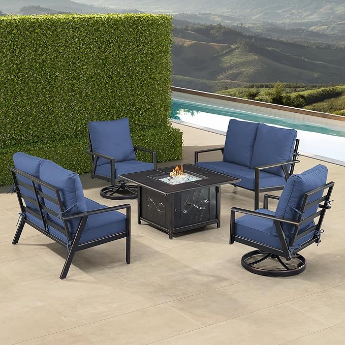 Oakland Living Black Aluminum Patio Fire Table Set with Two Deep Seating Loveseat with Cushions and Two Club Chairs with Blue Cushions