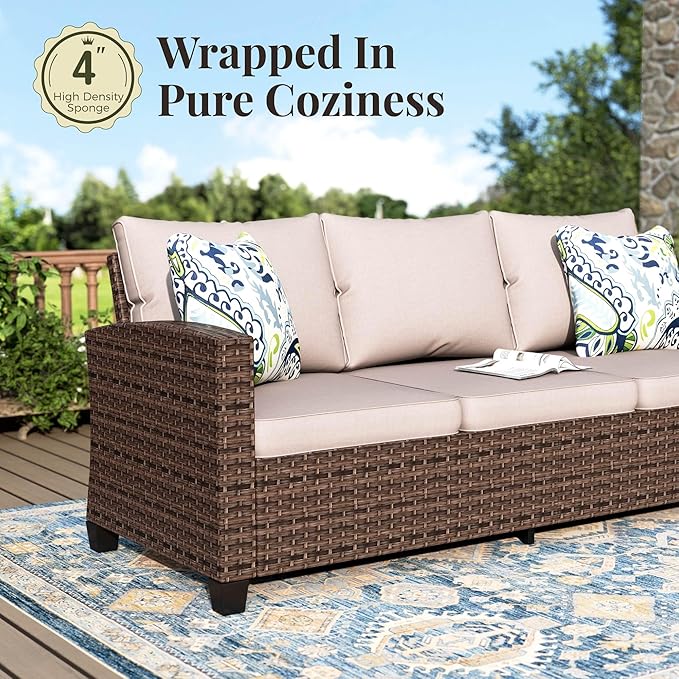 Patio Furniture Set, 6 Pcs Wicker Rattan Outdoor Conversation Set, 2 x Leg Chairs, 1 x 3 Seater Sofa and 2 x Ottoman with 4" Thick Cushion and 56" Fire Pit Table, Beige