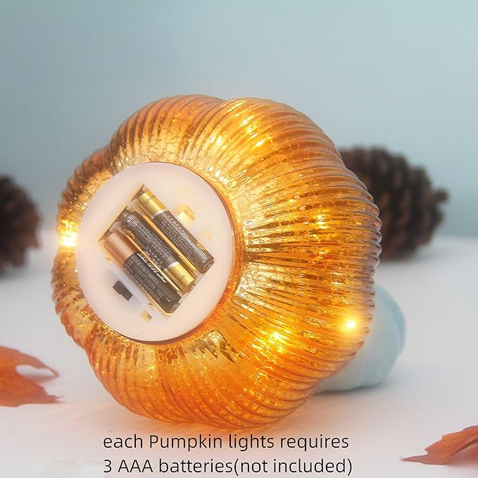 Mercury Glass Pumpkin Lights with Timer, Battery Operated Led Pumpkin Lights for Halloween Fall,Thanksgiving Rustic Decor (Gold Fine-Striped, 6")