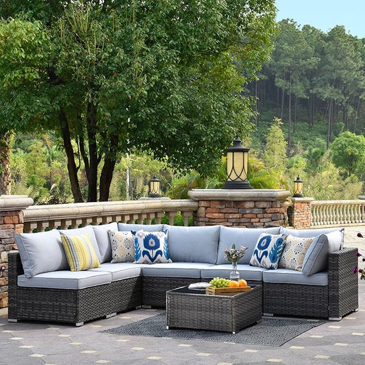 HOOOWOOO 7 Piece Patio Sectional Furniture Set,Modern Wicker Outdoor Conversation Sofa Sets,Weather Resistant Modular L Shaped Outside Couch Table Set(Light Grey)