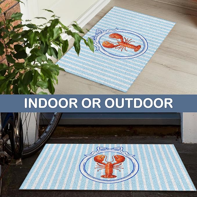 Red Lobster Coastal Beach Door Mat, Coquette Blue Bow Striped Preppy Beach Doormat Non-Slip for Front Door Porch Indoor Outside Entrance Entryway, Nautical Crawfish Welcome Mat, 17x30 Inch