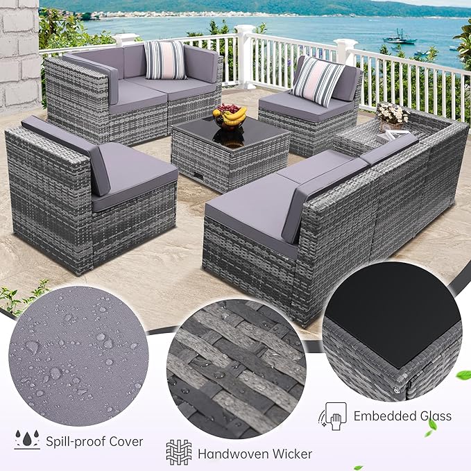 8 Pieces Outdoor Wicker Rattan Patio Furniture Sectional Set, Glass Top Table with Hidden Storage, 7 Sofa Sections, Oversized Cushions, Grey Color Rattan with Light Grey Cushion