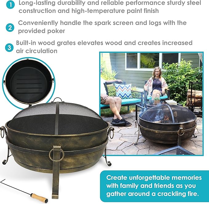 Sunnydaze 34-Inch Large Fire Pit for Outside - Wood-Burning Fire Pit Bowl for Outdoors with Spark Screen, Log Poker, and Grate