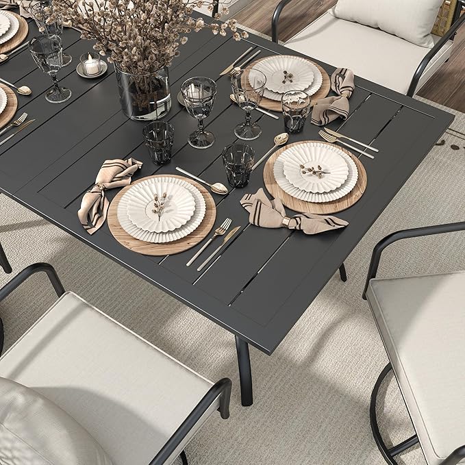 7-Piece Outdoor Dining Set, Swivel Chairs with Cushions, Black Metal Frame with Wicker, Rectangular Table, Patio Furniture