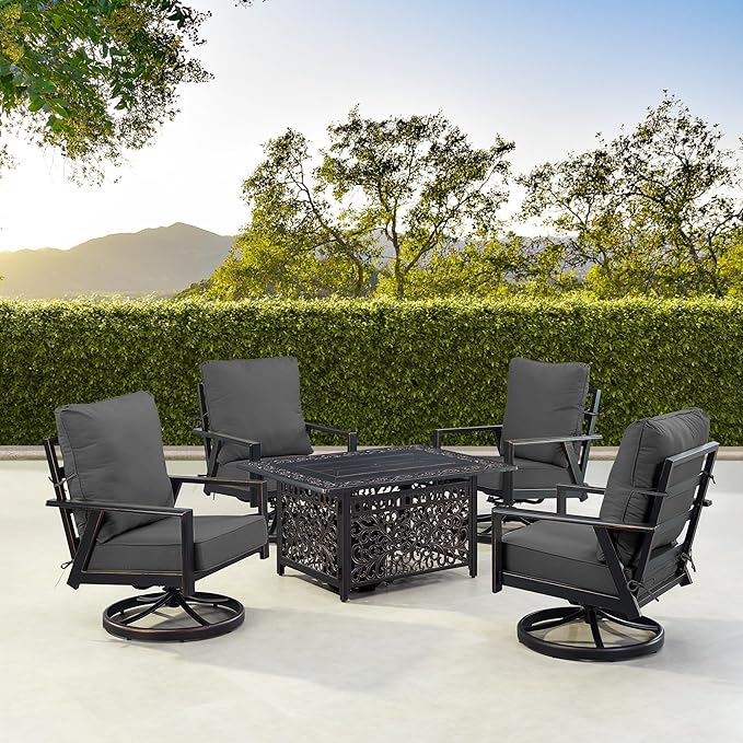 Oakland Living Black Aluminum Patio Fire Table Set with Four Club Chairs with Black Cushions