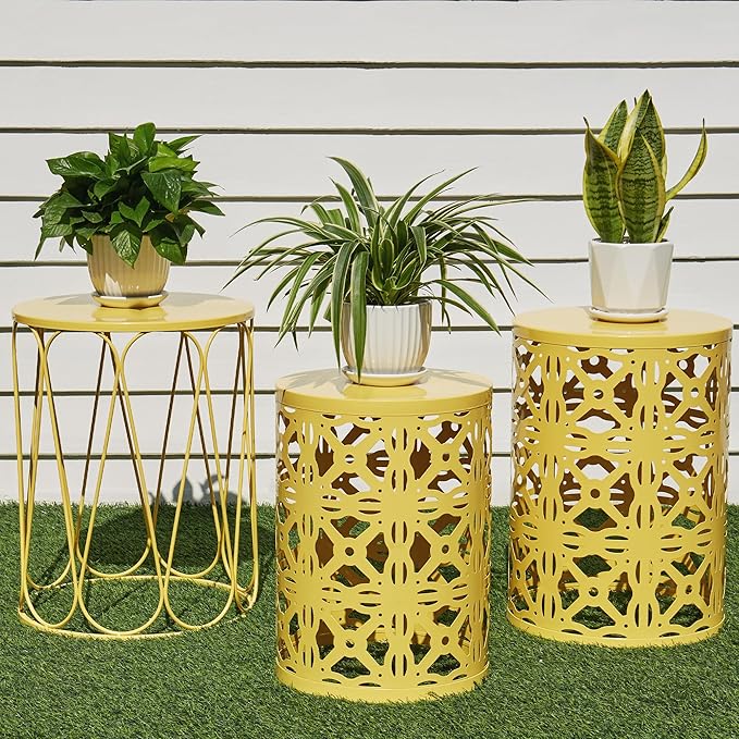 Y&M Set of 3 Stacking Coffee Table for Living Room, Patio Side Table,Indoor End Tables for Bedroom, Outdoor Decorative Garden Stool with Heavy Duty Metal Frame Modern Industrial Decor - Yellow