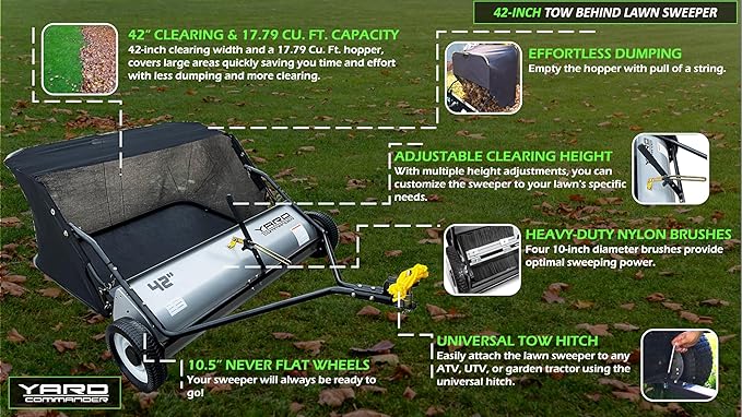 42-Inch Tow-Behind Lawn Sweeper, 10" Nylon Brushes, Universal Tractor/ATV Hitch, Never-Flat Wheels, Adjustable Height, 1-Year Warranty, Ideal for Leaves, Grass & Debris