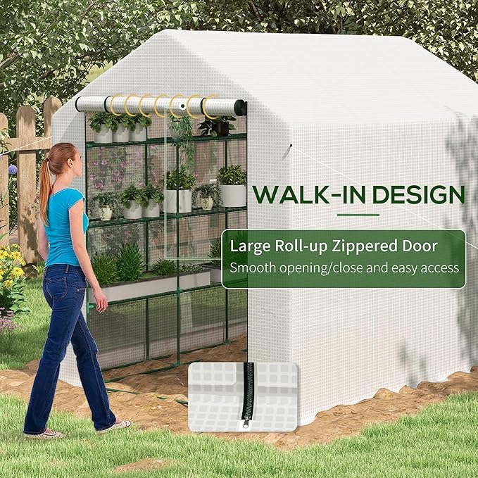 Outsunny Walk-in Greenhouse for Outdoors with Roll-up Zipper Door, 18 Shelves, PE Cover, Small and Portable Green House, Heavy Duty Humidity Seal, 95.25" x 70.75" x 82.75", White