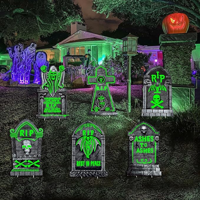 25"x16"Spooky Halloween Gravestones Yard Sign Glow in The Dark, 6Pcs Tombstones for Outdoor Yard Decor, Waterproof and Durable Cemetery Decorations for Grave, Garden and Party, Haunting Effect