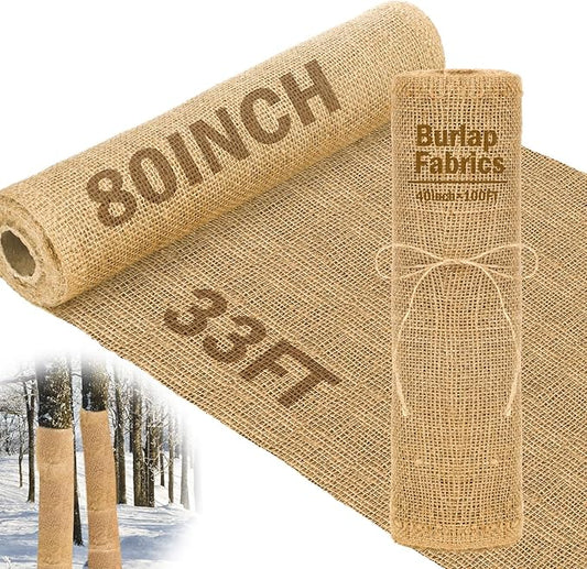 Buryeah 80 Inch x 33 ft Burlap Fabrics Roll Natural Jute Burlap Tree Wraps Protector Winter Frost Plant Blankets Cloth Weed Barrier Fabric Garden Plants for Winter Outdoor Trees Shrubs Party