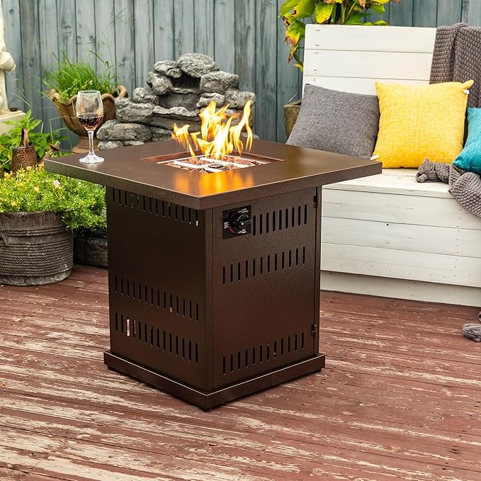 28'' Propane Fire Pit Table, 50,000 BTU Fire Table with Steel Lid, Big Legs, Laval Rocks, Deck Safe Fire Pit, Gas Fire Pits for Outside Patio, Brown.