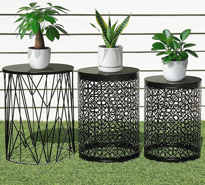 HFHOME Set of 3 Metal Side End Tables Nightstand, Nesting Round Coffee Table for Indoor Outdoor, Heavy Duty Metal Plant Stand Living Room Garden Stool - Black
